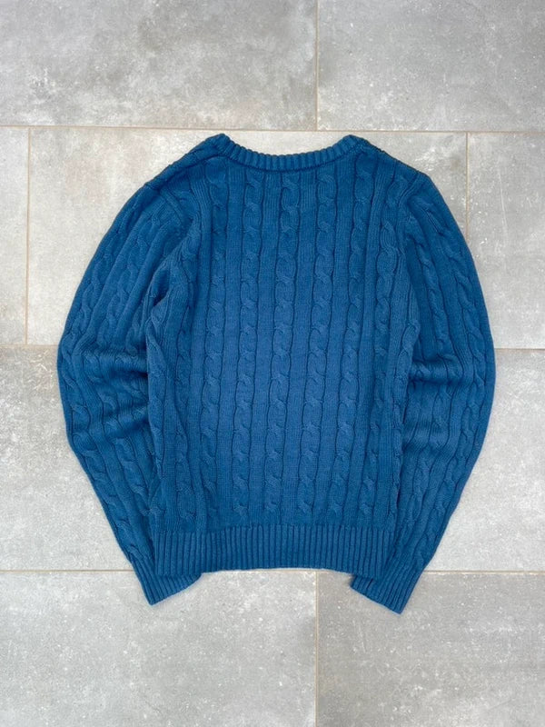Polo Ralph Lauren Zopfmuster Pullover in Blau, Rückansicht mit durchgehendem Zopfstrick